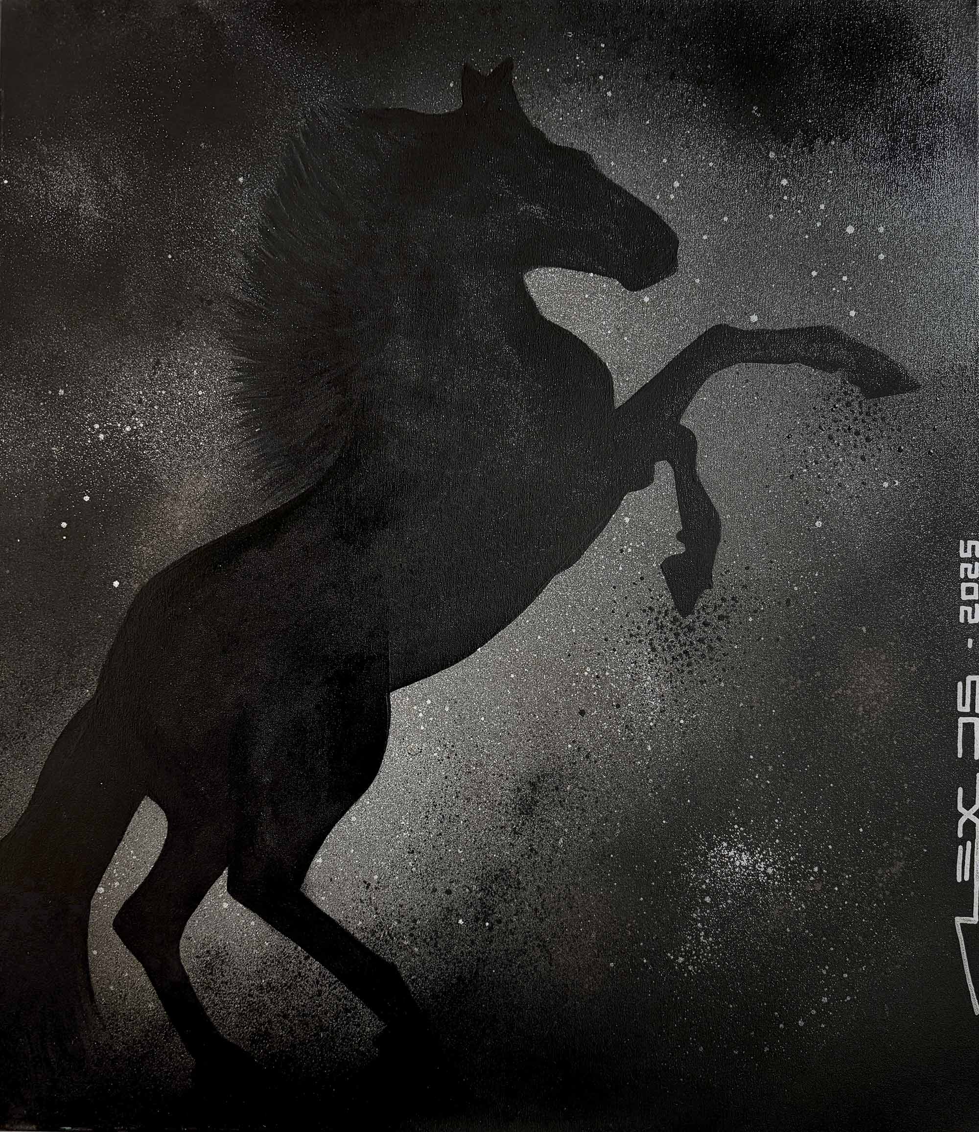Equestrian portrait painting of black horse