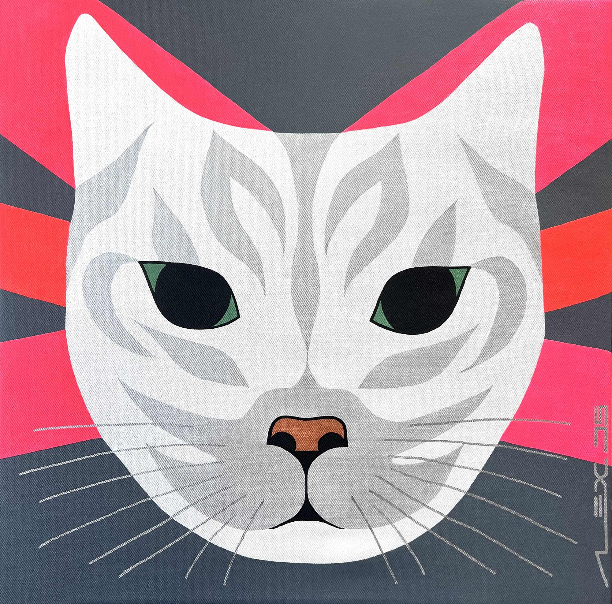 Contemporary minimalist iconic painting of a puma in bright neon pink red black and bronze