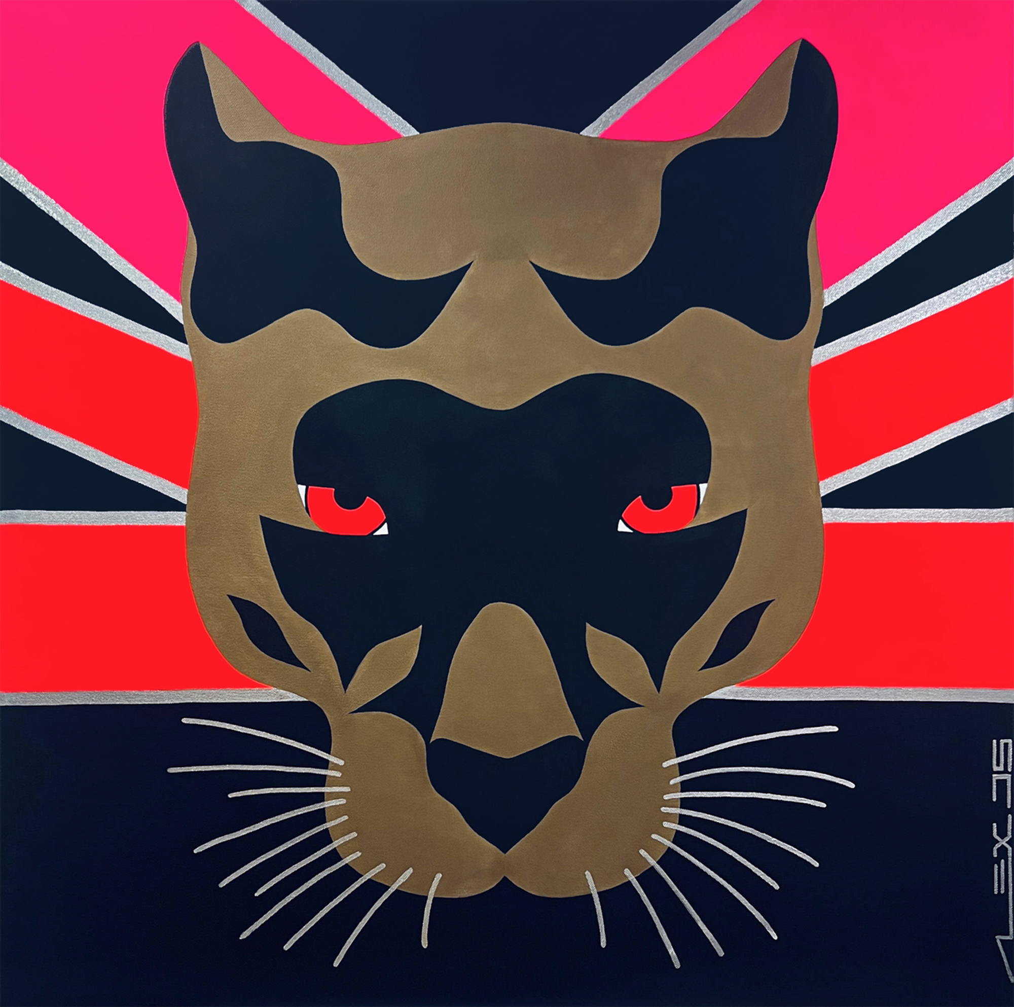 Contemporary minimalist iconic painting of a puma in bright neon pink red black and bronze